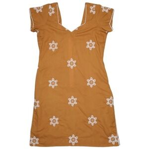 Mustard Yellow White Floral Embroidery Short Sleeve Lightweight Dress